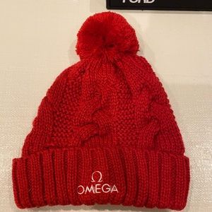 OMEGA WATCHES Embroidered Red Beanie Hat